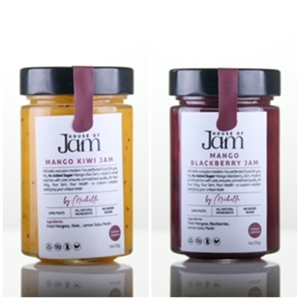 Mango And kiwi, peach, blackberry jam